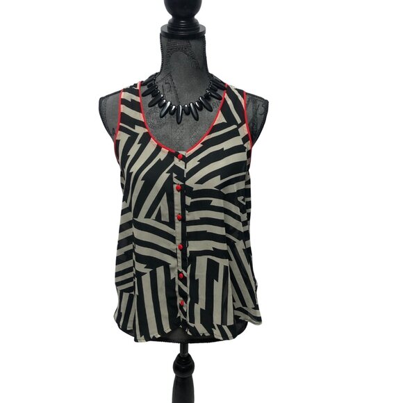 Mind Code Blouse Womens Size Medium Black Gray Red Sheer Crossover Back Artsy - Picture 1 of 6